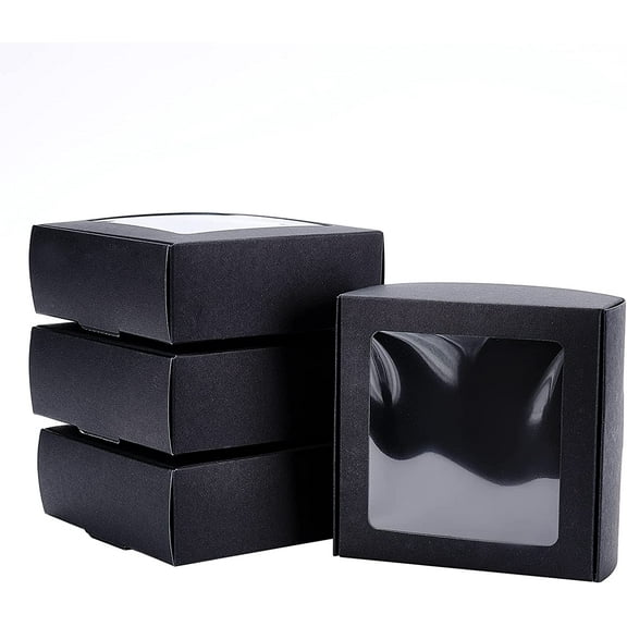 20 Pack Black Kraft Paper Boxes with Clear Window 3.6x3.6x1.4 Inch Gift Packaging Boxes for Bakery Cookies Cake Candy Wedding Party Favors DIY