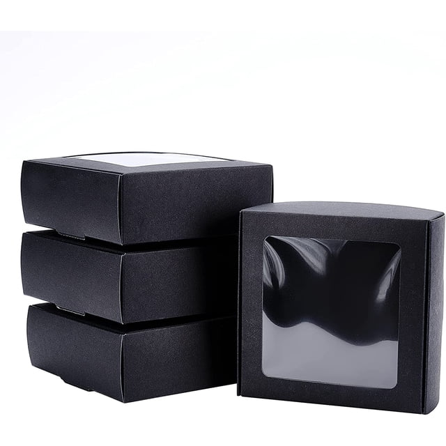 Paquete de 20 cajas de papel kraft negro con ventana transparente de 9,1 x 9,1 x 3,6 cm (3,6 x 3,6 x 1,4 pulgadas). Cajas de regalo para galletas, pasteles, dulces y recuerdos de bodas y fiestas.