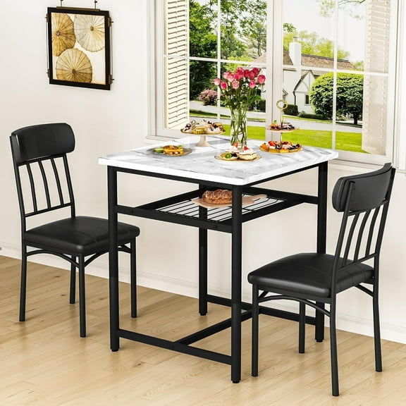Baxluxe Dining Set for 2 with Solid Wood Tabletop with Storage Shelf Dining Set with 2 PU Leather Upholstered Chairs for Small Spaces, Apartments, Breakfast Nooks