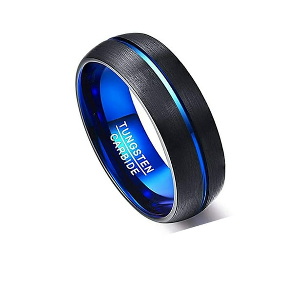 Vakki Men's 8mm Blue Groove Tungsten Carbide Rings Domed Black Brushed Wedding Bands High Polished Comfort Fit Size 6-15