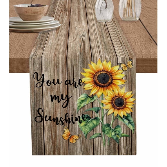 Sunflower Yellow Table Runner 72 Inches, Sunshine Butterfly Farmhouse Wood Brown Bed Runner Dresser Scarves Tabletop for Indoor Outdoor Parties/Ceremony/Banquet, 13" x 72"