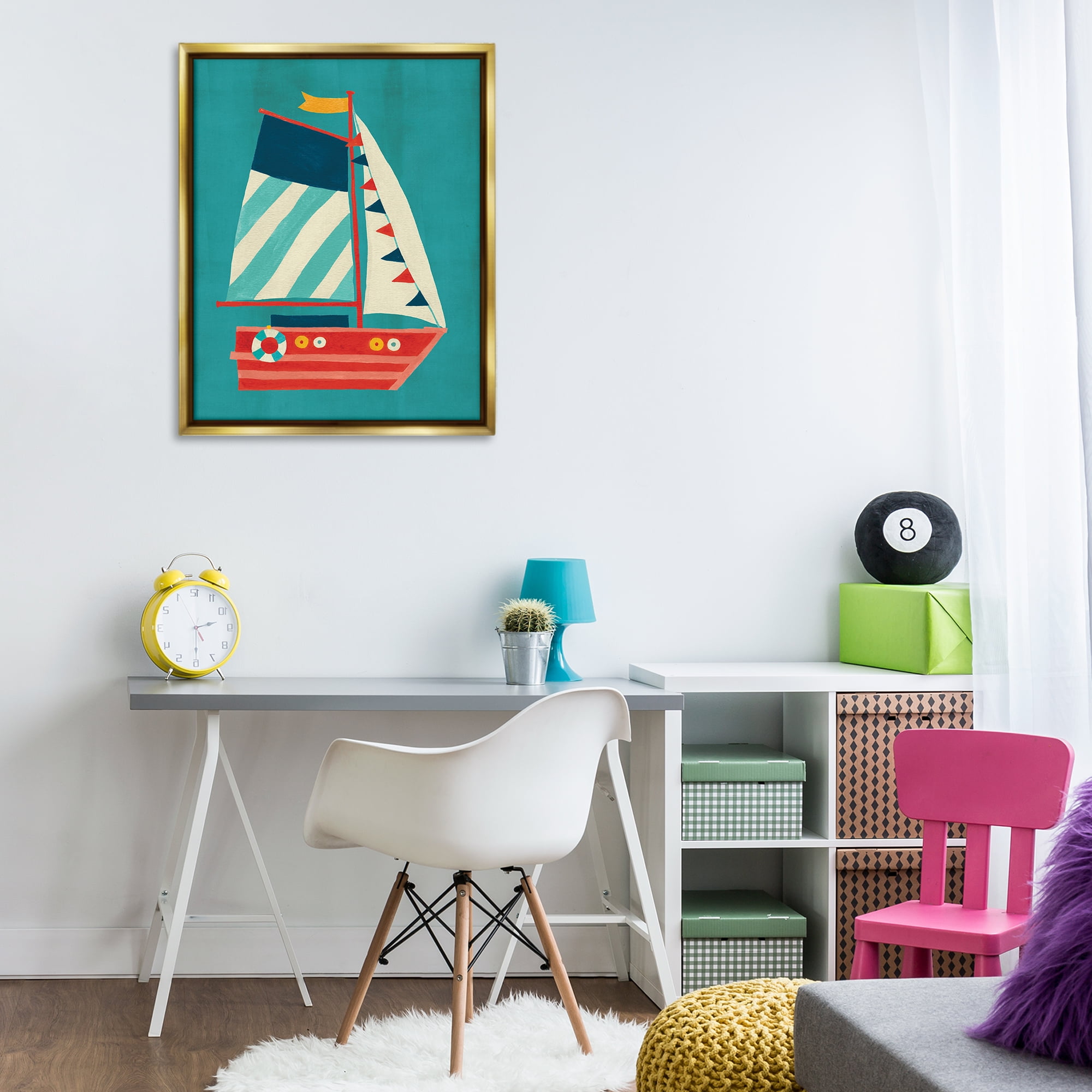 Stupell Industries Striped Sailboat on Blue Transportation Painting Gold Floater Framed Canvas Art Print Wall Art, 25 x 31