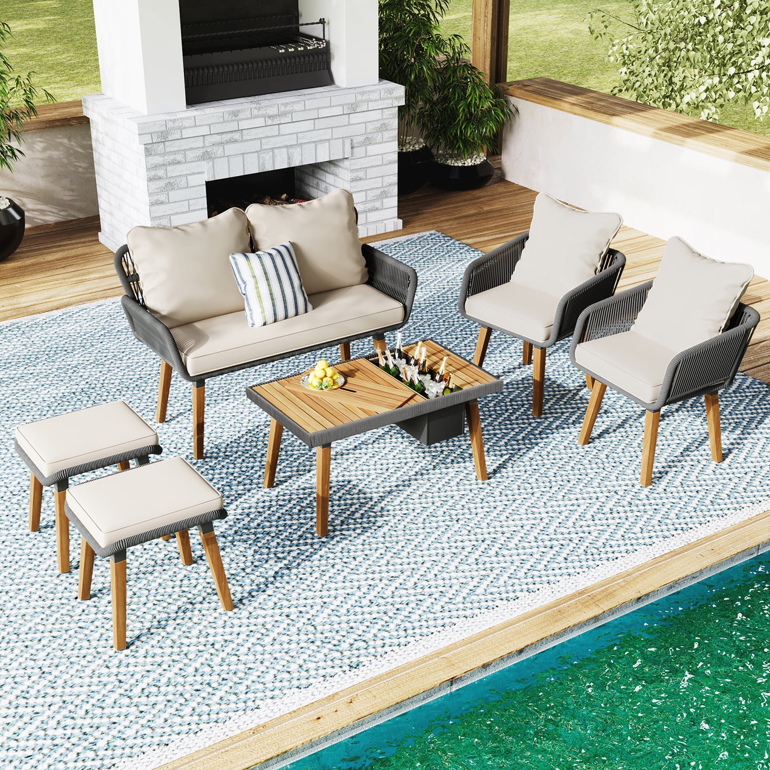 Aimee Lii Outdoor Patio Acacia Wood & Rope 6-Piece Furniture Set with Ice Bucket, Patio Conversation Set with Ottomans, Beige