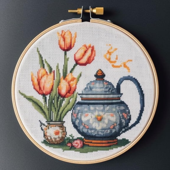 Teapot & Tulips Starter Easy Cross Stitch Kits Color Stamped Embroidery Kits DIY 11CT Stamped Patterns Embroidery Needlework Kit Supplies 12 Inch Hoop Included(et-114)