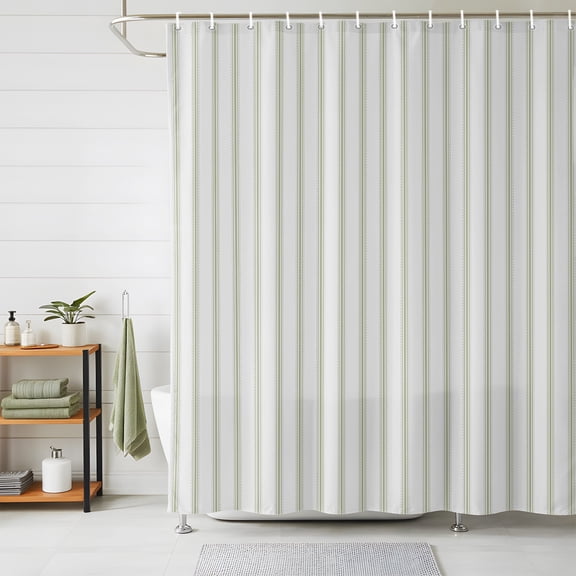Shower Curtains for Bathroom, Sage Green Striped Waterproof Fabric Shower Curtain, Sage Green White Stripes Farmhouse Decorative Bathroom Curtain for Bathtub, 66"x72", No Hooks Included
