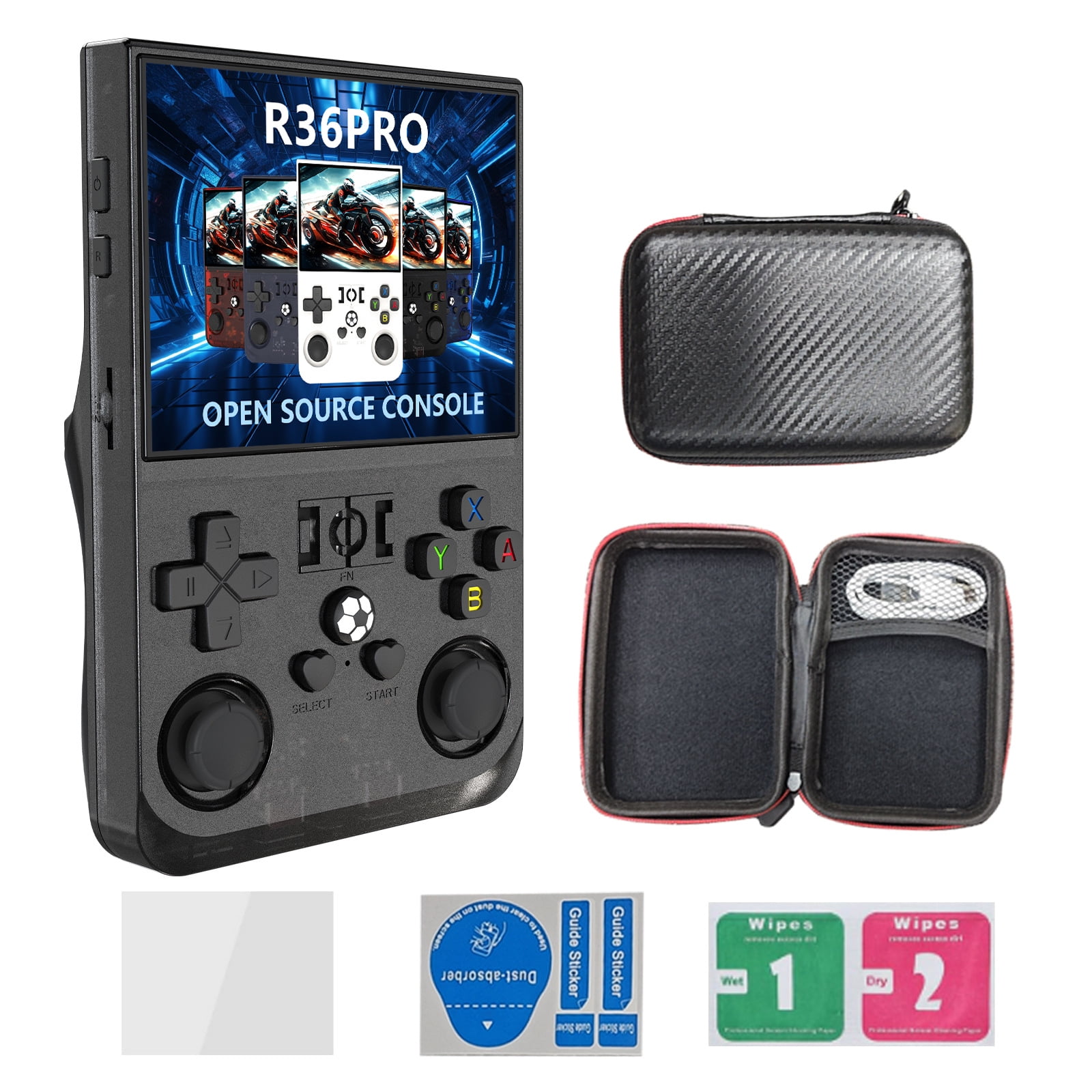 R36PRO 64G Black Open Source Handheld Game Console, 3.5-inch Screen, with Accessories