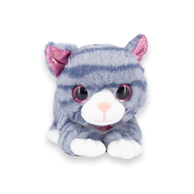 Gatito De Peluche Acostado Colo Gris Con Rayas Azules