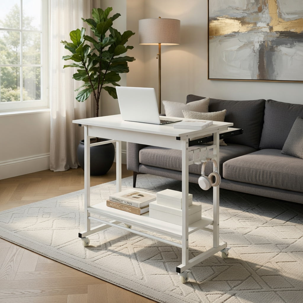 Demi Bonn Rolling Laptop Table with Pull-out Keyboard Tray and Hooks, Mobile Storage Desk for Home Office Bedroom Dorm, Smooth Casters with Brakes, White