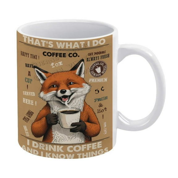 Funny Coffee Mug - Fox Decor I Drink Coffee And I Know Things Coffee Cups Ceramic Coffee Mugs, Unique Latte Tea Cup for Office and Home, Gifts for Men and Women - 330 ml / 11 oz White