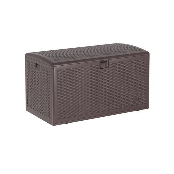 99 Gallon Outdoor Wicker Resin Deck Box - Waterproof & UV-Resistant Lockable Storage Bench with Hydraulic Lift Lid - Ideal for Patio Cushions, Garden Tools, Pool Accessories - Brown, Woven Strap