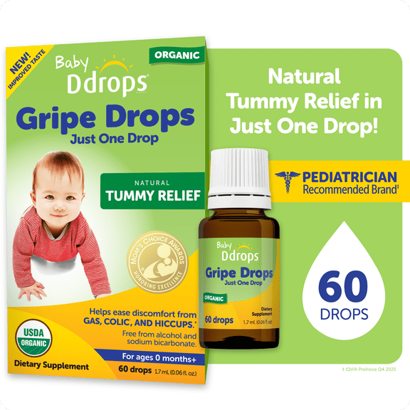 Baby Ddrops Gripe Drops for Babies, Liquid Organic Tummy Relief, 0.06 fl oz
