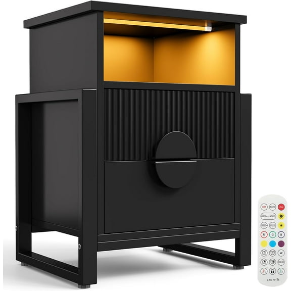 LGHM Fluted Nightstand with Strip Lights, Charger Station, Night Stand with 2 Drawers, Accent Bed Side Table and End Table,Curved Profile Design, Raising H Legs for Bedroom, Living Room,Black