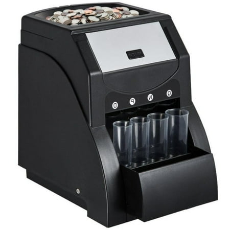 Automatic Coin Sorter & Wrapper Machine, Sorts/US Counts 1¢ 5¢ 10¢ 25¢ up to 230 Coins/Min, with 4 Tubes & 200-Coin Capacity for Bank, Business, Home, Black