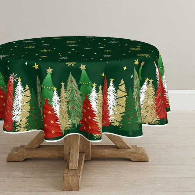 Horaldaily Christmas Tablecloth 60×60 Inch Round, Christmas Trees Green Washable Table Cover for Party Picnic Dinner Decor