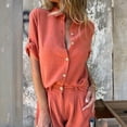 thumbnail image 2 of MORTTIC Women's Solid Color Lapel Short Sleeve Shirt & High-Waist Shorts Set - Summer Vacation Two-Piece Outfit, Button-Up Casual Shorts Set, 2 of 5
