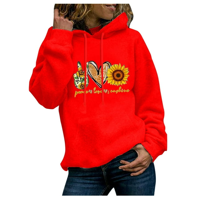 Fgnfyis Chandail à Capuchon d'Hiver pour Femmes, Décontracté, Imprimé, Manches Longues, Col Rond, Haut avec Poche, Chandails à Capuchon pour Femmes, Rouge, TTTG