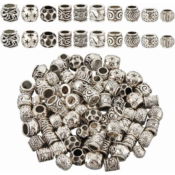 1 Box 10 Styles 100Pcs Silver Barrel Beads Vintage Silver Beads Bulk Loose Metal Tibetan European Column Big Hole Spacers for Jewelry Making Findings Bracelet Necklace Adults Beginner