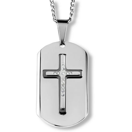 - Black Plated Two Tone Stainless Steel Crystal Cross Dog Tag Pendant