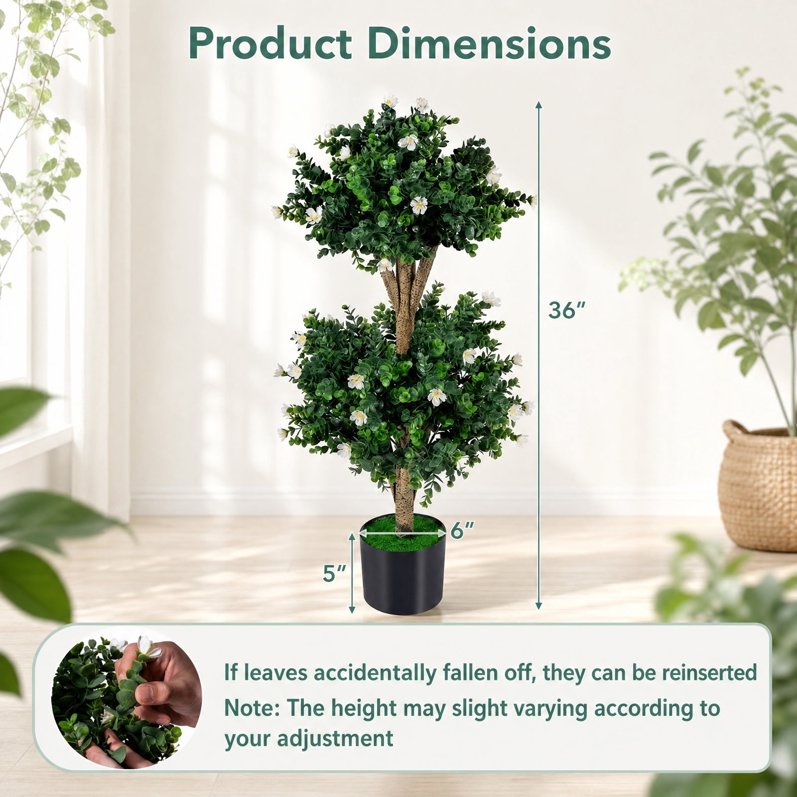 Vebreda Artificial Plant Decor, 2 Pack 36" Artificial Double Ball Boxwood Topiary Tree with 41 Blossoms, Vivid and Lifelike Boxwood Tree