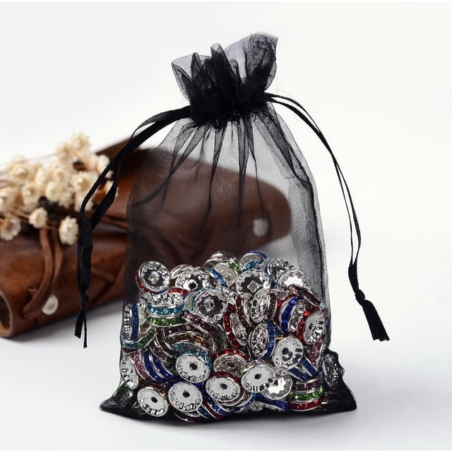 100 bolsas de organza para regalo con cordón, ideales para joyería, bodas, fiestas y Navidad. Color negro. Medidas: 10 x 8 cm.