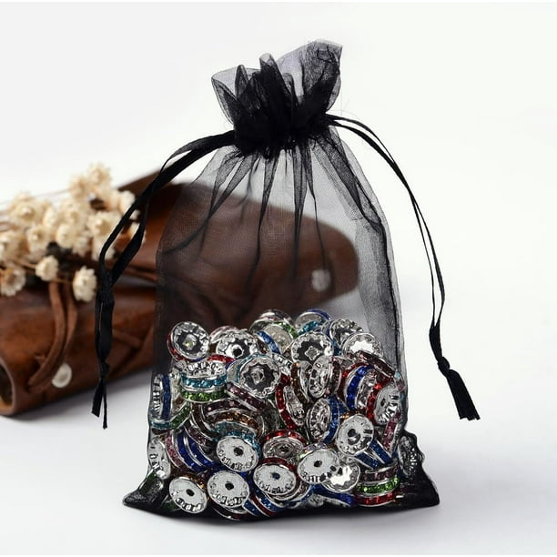 100 bolsas de organza para regalo con cordón, ideales para joyería, bodas, fiestas y Navidad. Color negro. Medidas: 10 x 8 cm.