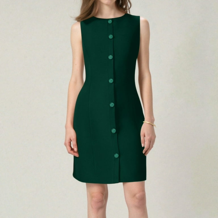 Bbyeadc Green Business Casual Dress for Women Sleeveless Button Up Back Zipper Work Dress Women Breathable Boat Neck Dressy Professional Dresses