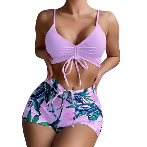 Gibobby Trajes de Natación para Mujer Traje de baño Vintage de dos piezas para mujer, conjunto de Bikini con estampado de cintura alta fruncido y cuello (Morado,M)