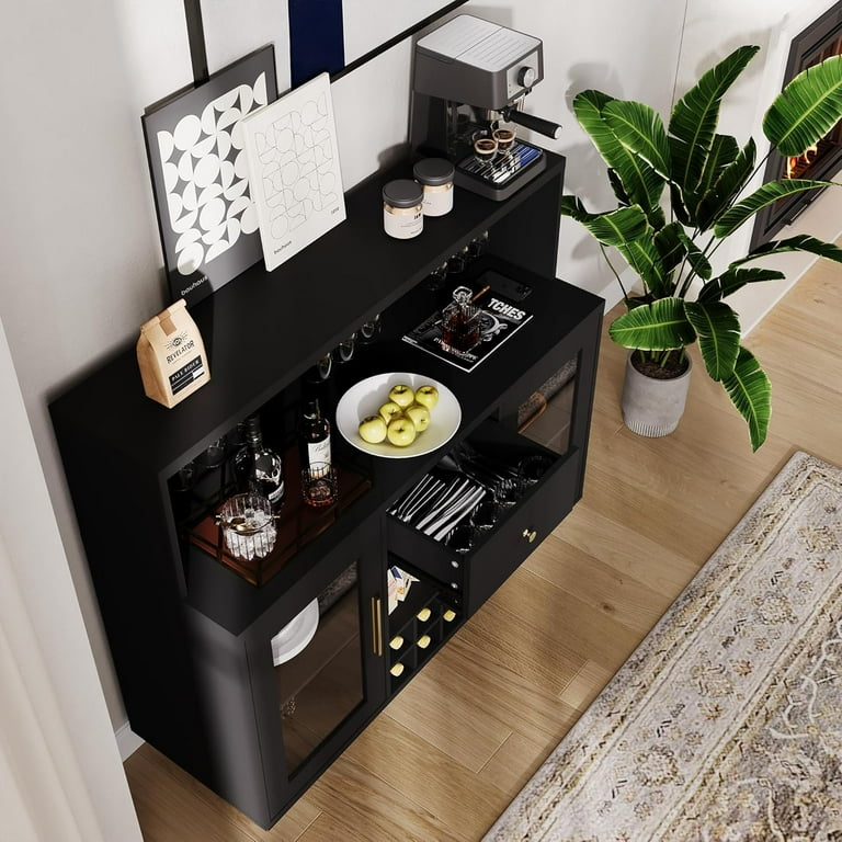 coffee station with interior cabinet lighting and glass doors