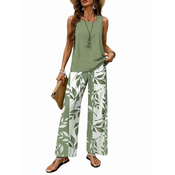 Women Summer 2 Piece Outfits 2025 Square Neck Pullover Vest Floral Print Belted Wide Leg - Sets Green XXXL