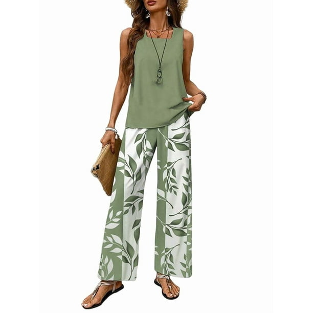 Conjuntos de Dos Piezas de Verano para Mujer 2025, Jersey de Cuello Cuadrado, Chaleco, Estampado Floral, Cinturón y Pantalón Verde S