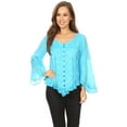 thumbnail image 5 of Sakkas Aura Womens Casual Ruffle Flare Crop Top Blouse Long Sleeves w/Embroidery - Turquoise - 1X/2X, 5 of 5