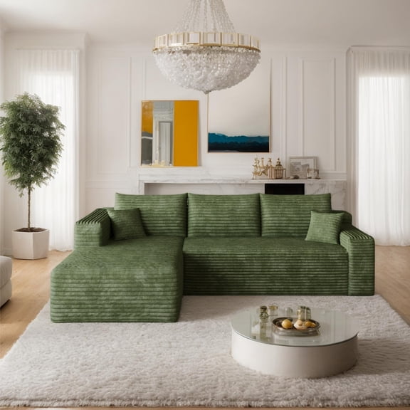 CKEASEAN 96" Corduroy Upholstered Boneless Couches with Chaise, L Shape Modular Sectional Sofa with Deep Seat, Modern Cloud Sectional Fluffy Couches for Living Room/Office, No Assembly Required