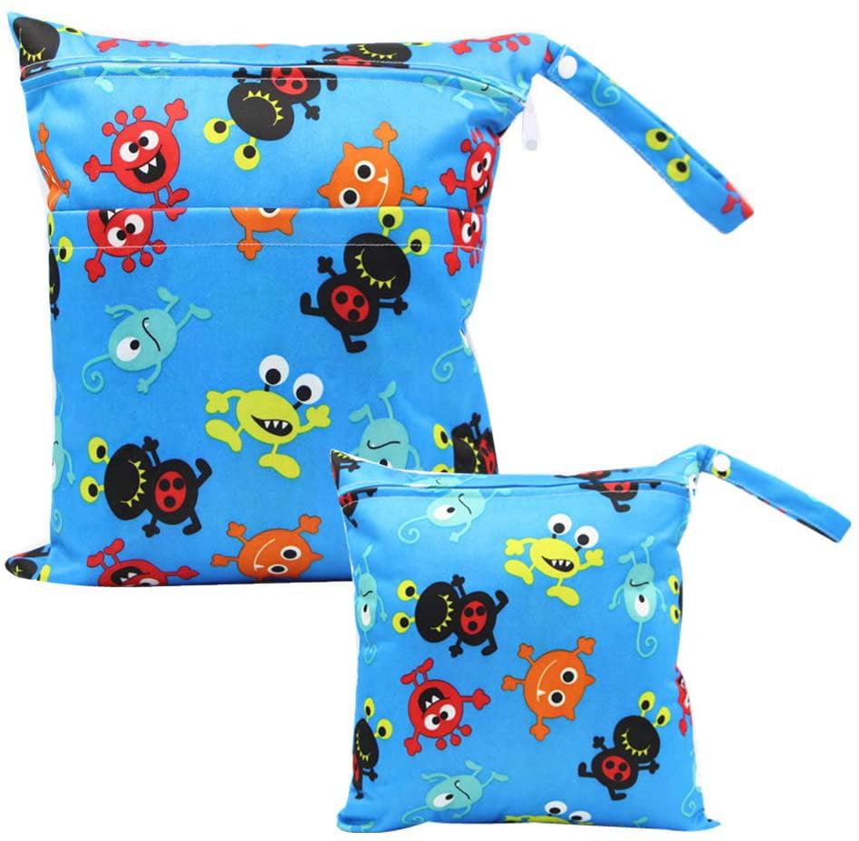Portable Waterproof Cloth Nappy Pouch Reusable Travel Storage Bags for Toddler Kids Adults Double Layer Design with 2 Zipper Baby Wet/ Dry Handy Diaper Bag