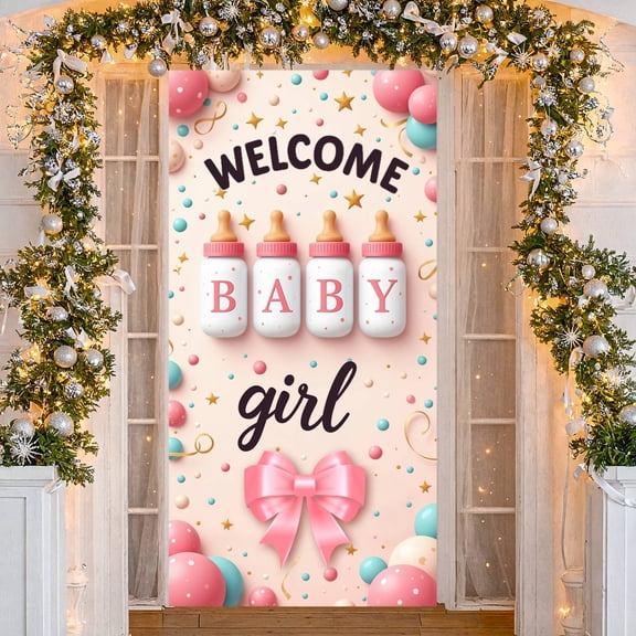 Pink Theme Welcome Baby Banner Cute Design Baby Girl Banner Balloon Decoration Star Pattern Baby Shower Backdrop for Baby Shower Girl Baby Party Newborn Welcome