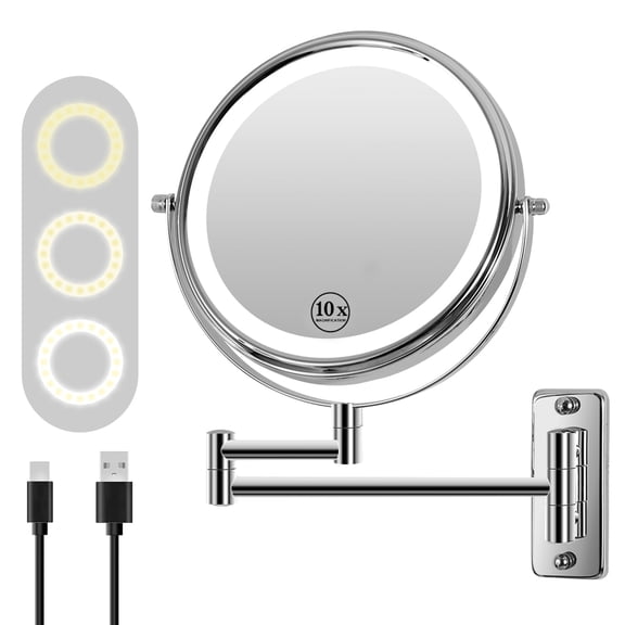 Inster 8 in. Wall-Mount LED Lighted Makeup Mirror, 1X/10X Magnifying, Rechargeable, 3 Color Lights, Chrome