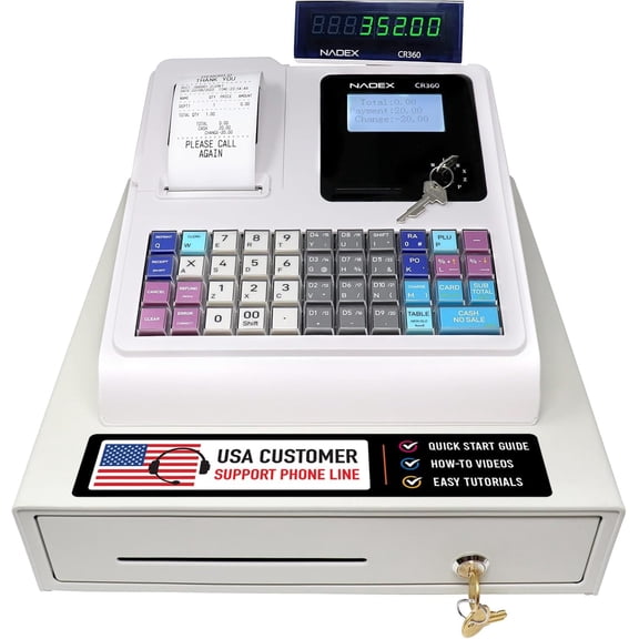 Nadex CR360 Cash Register, 4700 Lookups 50 Dept 50 Clerks, Quick Load Thermal Printer, Compact Size, Cash and Coin Drawer, White