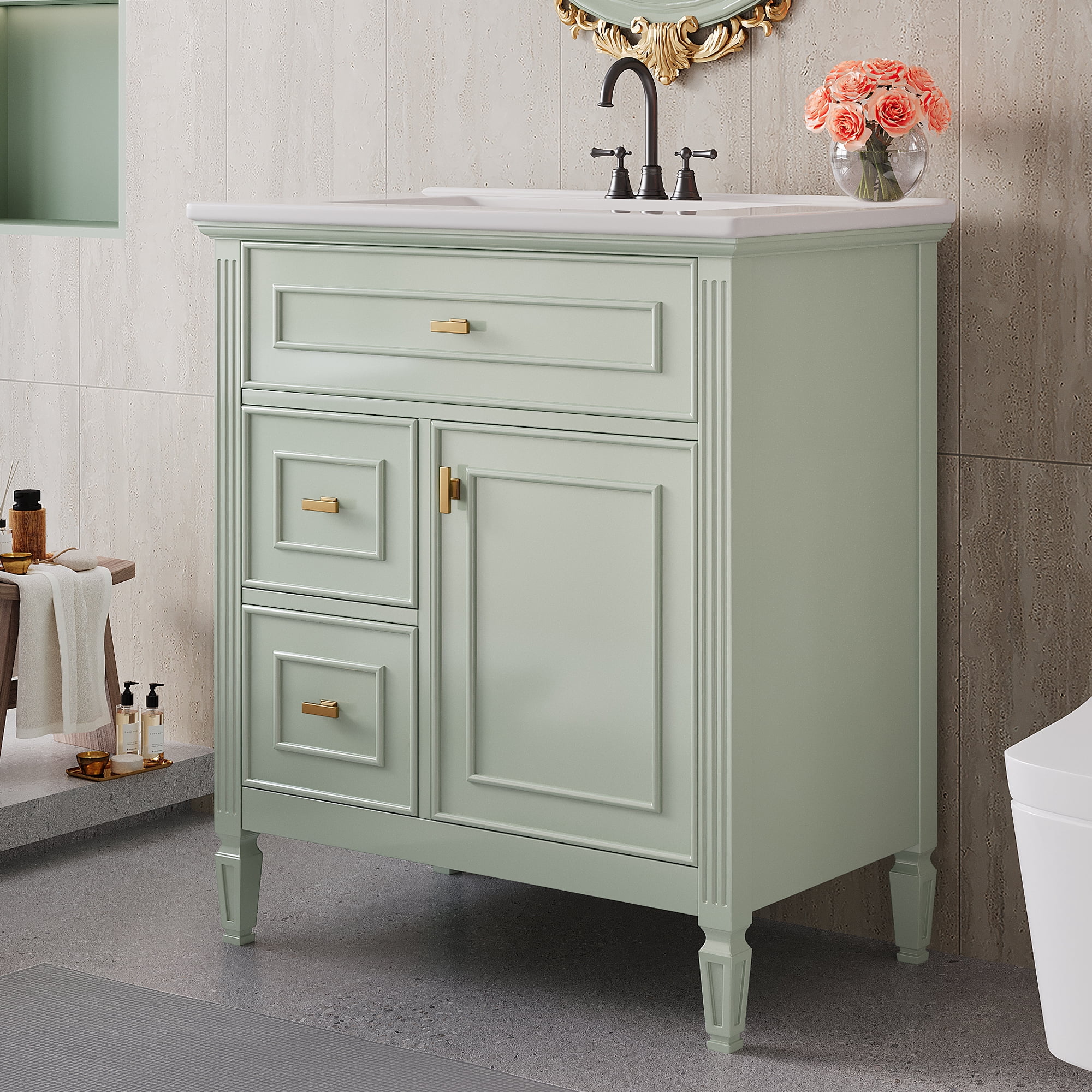 Euroco Bathroom Vanity with Ceramic Sink, Flip Drawer & Ample Storage, Solid Wood Frame with Soft-Close Drawers, 4" Widespread Faucet Compatible