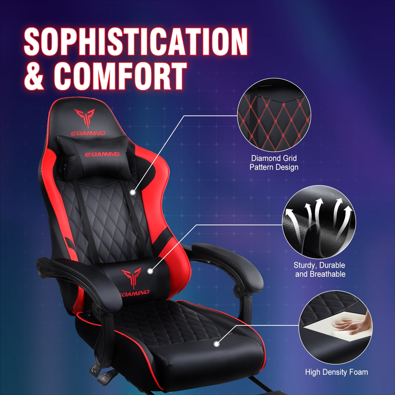 EXRACING Gaming Chair Ergonomic Computer Chair with Footrest and Lumbar Support, Height Adjustable High Back Leather Office Chair, 360° Swivel with Linked Armrest, for Adult and Teen (Red)