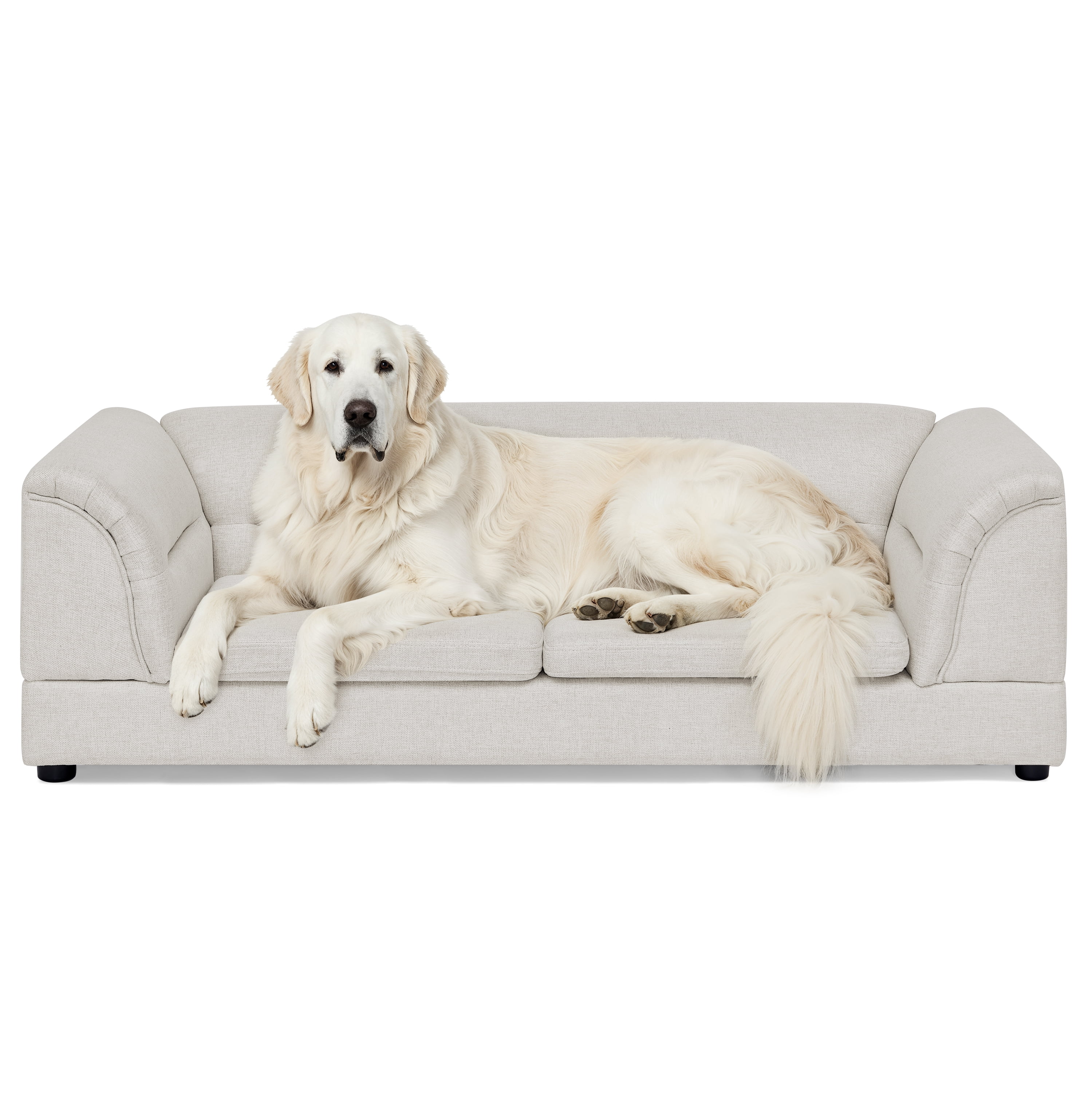 Oversized Pet Sofa, Curved Armrest Rectangular Dog Sofa, Linen Fabric Comfort Pet Couch for Large & Oversized Dogs-Beige