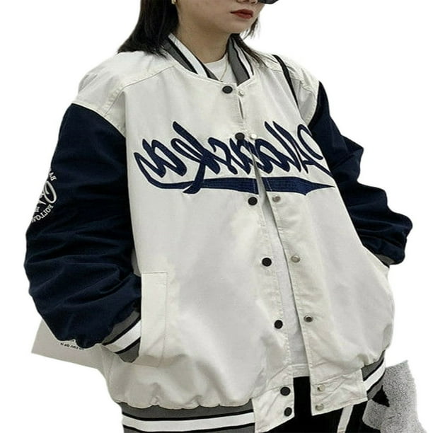 Women Oversized Baseball Jackets Classic Letter Embroidery Long Sleeve Bomber Jackets Coats White S