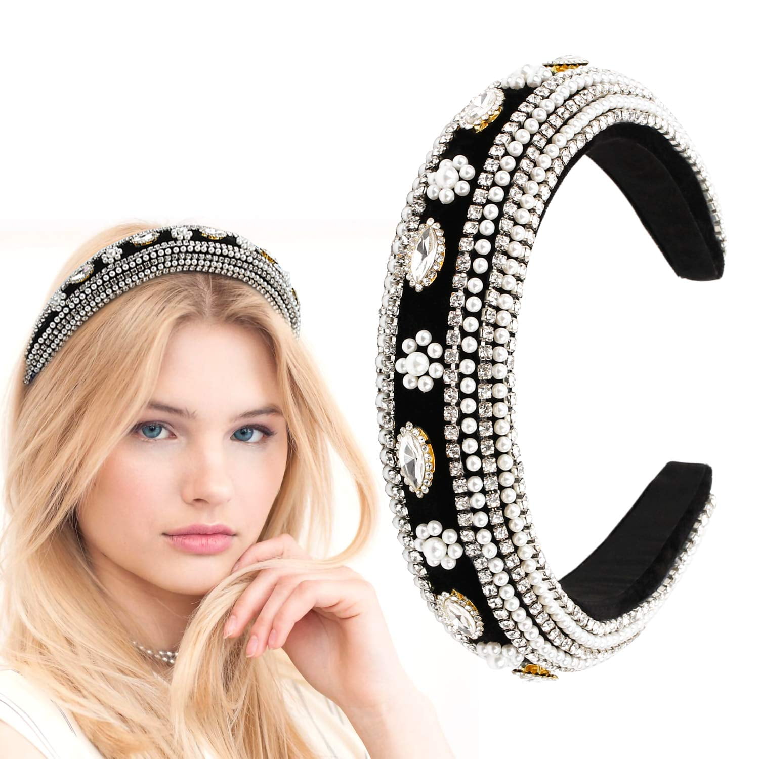 Women Baroque Crystal Embellished Hairband Pearl Headband Accessories Hair Party