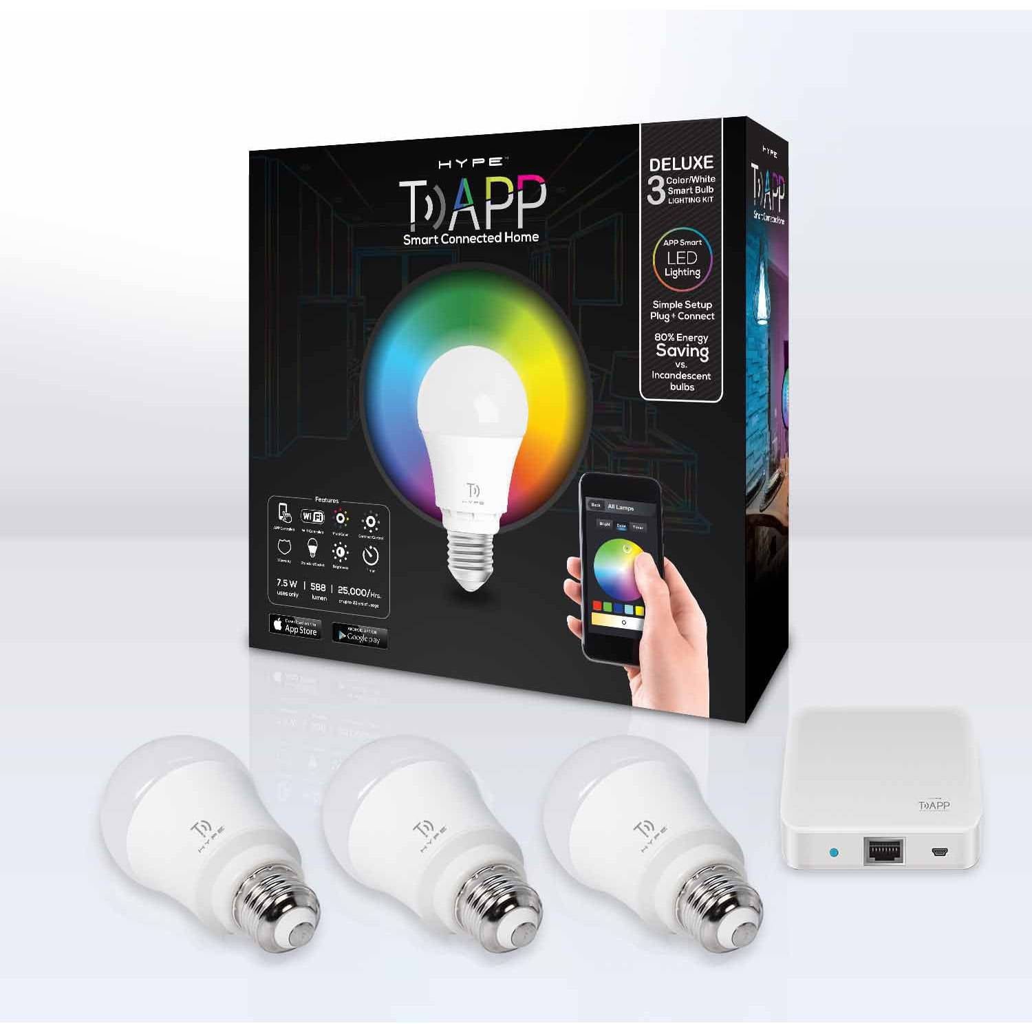 Hype Tapp Color Smart A19 Starter Kit, Hub Included, 3 Bulbs
