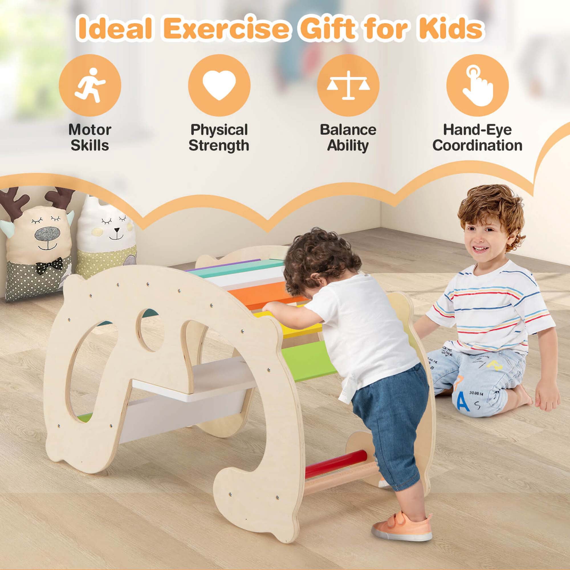 Costway 2-in-1 Rocking Horse Arch for Kids Montessori Climbing Toys with Rocker Multi-color
