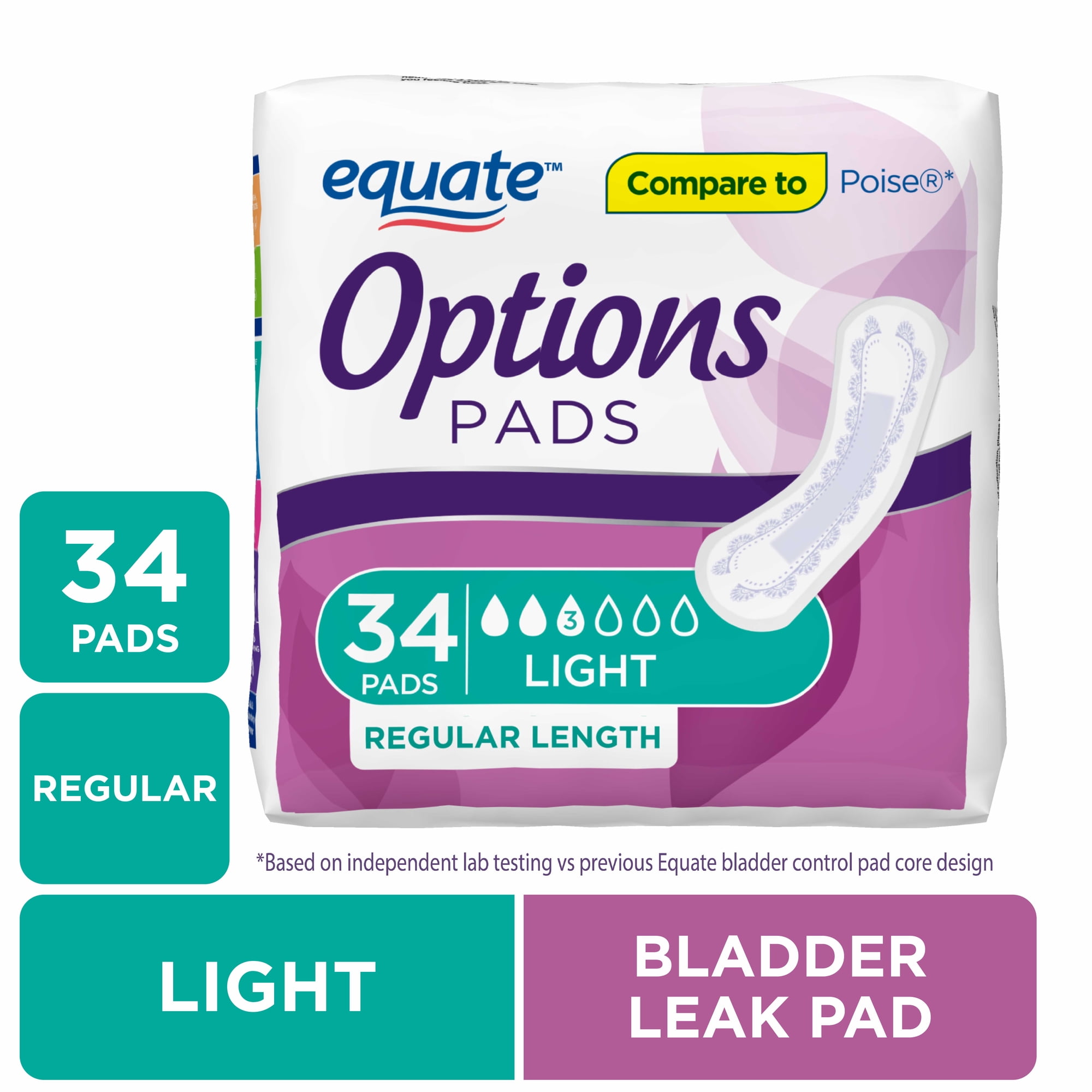 Equate Options Women's Incontinence Pads, Light Absorbency, Regular Length, Size 3, 34 Count
