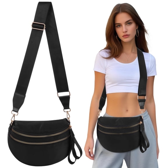 Black Crossbody Bag for Women, Travel Bum Bag with Multiple Zipper Pockets, Nylon Sling Fanny Pack with Adjustable Strap, Lightweight Casual Shoulder Purse for Women Everyday Use