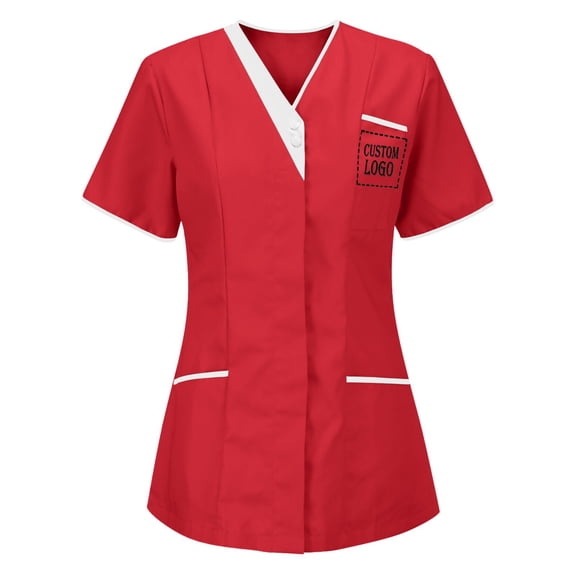 FRSASU Customer Customization Embroidered Women's Medical Scrub Top – Mock Wrap Design with Multiple Pockets Red