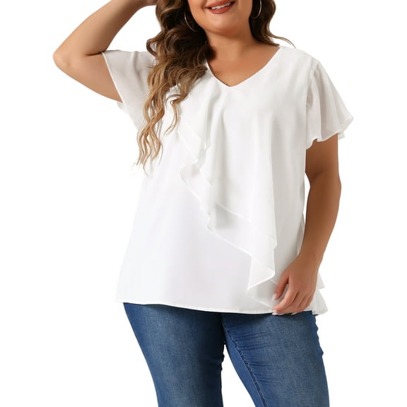 DARING DIVA Women's Plus V Neck Flutter Sleeve Layered Ruffle Top 1X White