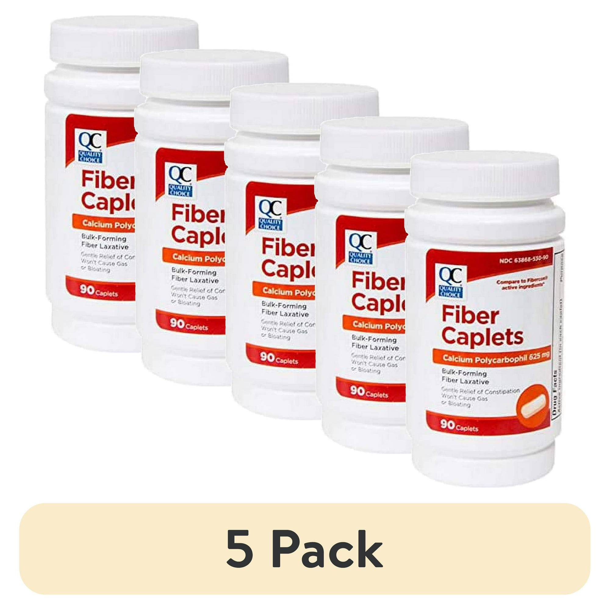 (5 pack) Quality Choice Fiber Therapy Caplets, Safe and Comfortable Constipation Relief Without The Gas and Bloating, Insolubale Fiber for Bowel Irregularity in a 90 Count Bottle of Caplets