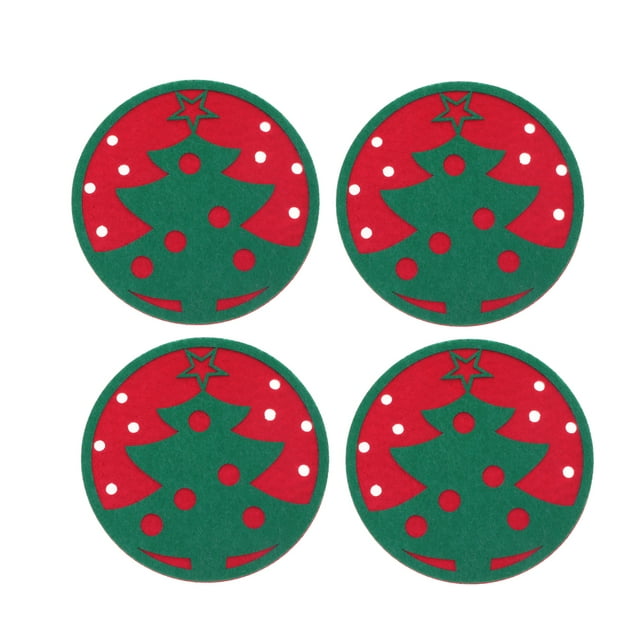 4Pcs Felt Coasters Christmas Tree Shape Cup Mats Non-slip Heat Resistant Round Cup Holder Green