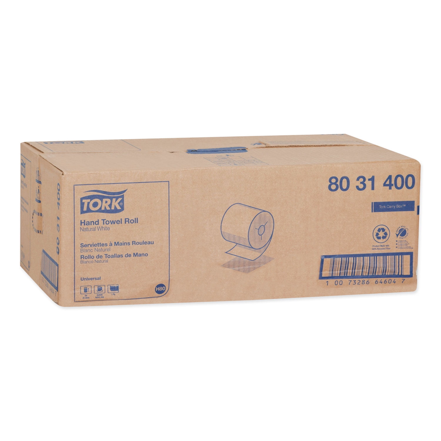 Tork® Universal Hand Towel Roll, Notched, 1-Ply, 8" x 800 ft, Natural White, 6 Rolls/Carton
